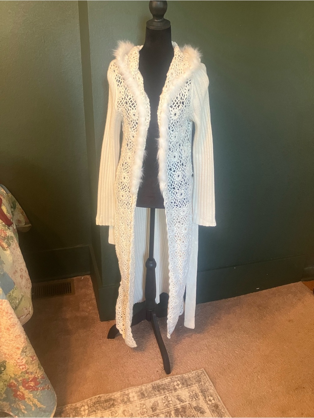 Moda International Ivory Open Knit Long Cardigan with Faux Fur Trim
